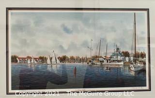 Framed Under Glass Print of " St. Michaels Harbor" by Franklin Saye, numbered 570/950, pencil signed by artist.  It measures approximately 25" x 37".