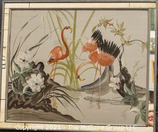 Art Deco Pink Flamingos at Water's Edge in Mirrored Frame, Signed by Artist.  Measures approximately  29 x 36"