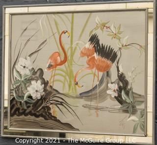 Art Deco Pink Flamingos at Water's Edge in Mirrored Frame, Signed by Artist.  Measures approximately  29 x 36"