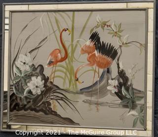 Art Deco Pink Flamingos at Water's Edge in Mirrored Frame, Signed by Artist.  Measures approximately  29 x 36"