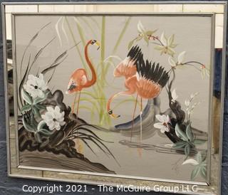 Art Deco Pink Flamingos at Water's Edge in Mirrored Frame, Signed by Artist.  Measures approximately  29 x 36"