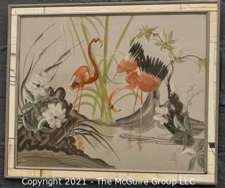 Art Deco Pink Flamingos at Water's Edge in Mirrored Frame, Signed by Artist.  Measures approximately  29 x 36"