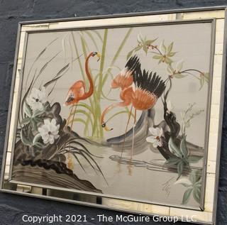 Art Deco Pink Flamingos at Water's Edge in Mirrored Frame, Signed by Artist.  Measures approximately  29 x 36"