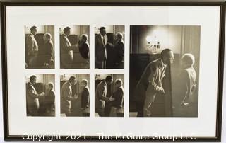 In 1957, George Tames photographed Texas Senator Lyndon B. Johnson (left) as he pressured Senate Foreign Relations Committee Chairman, Rhode Island Senator Theodore Green (right), into accepting President Eisenhower’s Mideast plan. The resulting seven photographs resemble stills on a cinematic reel. Tames captured a towering Johnson encroaching on Green’s space and Green’s reaction as he pulled away from Johnson, and leaned back on the edge of the desk. Johnson was known to cajole, threaten, and intimidate, both through his words and the physicality of his speech. Through his “Johnson Treatment,” he was able to push through legislation as Senate Majority Leader and, later, as President.