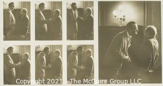 In 1957, George Tames photographed Texas Senator Lyndon B. Johnson (left) as he pressured Senate Foreign Relations Committee Chairman, Rhode Island Senator Theodore Green (right), into accepting President Eisenhower’s Mideast plan. The resulting seven photographs resemble stills on a cinematic reel. Tames captured a towering Johnson encroaching on Green’s space and Green’s reaction as he pulled away from Johnson, and leaned back on the edge of the desk. Johnson was known to cajole, threaten, and intimidate, both through his words and the physicality of his speech. Through his “Johnson Treatment,” he was able to push through legislation as Senate Majority Leader and, later, as President.