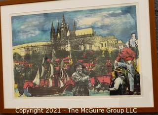 Framed Under Glass Signed and Numbered Silk Screen of Street Scene in Poland. Signature Illegible.  23 1/2 x 31"