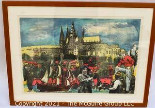 Framed Under Glass Signed and Numbered Silk Screen of Street Scene in Poland. Signature Illegible.  23 1/2 x 31"