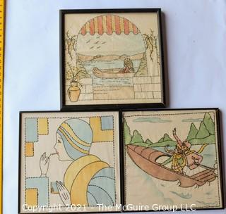 Vintage Embroidered Fabric Squares Framed Under Glass.  Each measures approximately 16" Square.