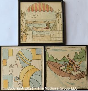 Vintage Embroidered Fabric Squares Framed Under Glass.  Each measures approximately 16" Square.