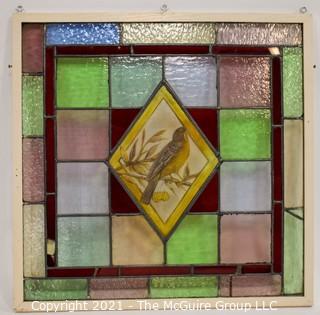 Framed Stain Glass Window With Robin in Center on Copper Foiled Panel.  Measures approximately 33" Square. 