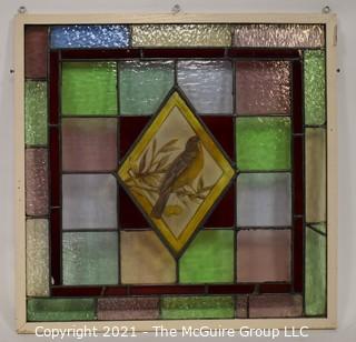 Framed Stain Glass Window With Robin in Center on Copper Foiled Panel.  Measures approximately 33" Square. 