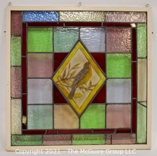 Framed Stain Glass Window With Robin in Center on Copper Foiled Panel.  Measures approximately 33" Square. 