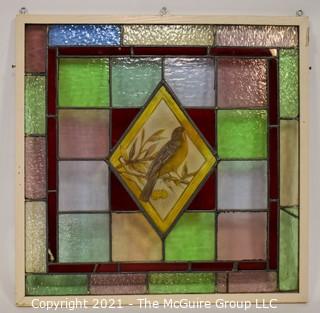 Framed Stain Glass Window With Robin in Center on Copper Foiled Panel.  Measures approximately 33" Square. 