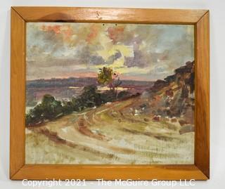 Framed Oil on Board Landscape Signed by Artist on Back.  Signature Illegible.  Measures approximately 16" x 18".