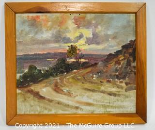 Framed Oil on Board Landscape Signed by Artist on Back.  Signature Illegible.  Measures approximately 16" x 18".