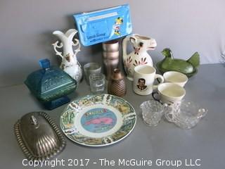 Assortment includes collector plate, carnival glass compote, butter dish, Whitehall creamer and sugar