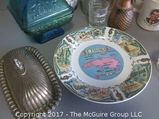 Assortment includes collector plate, carnival glass compote, butter dish, Whitehall creamer and sugar