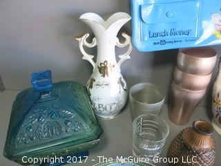 Assortment includes collector plate, carnival glass compote, butter dish, Whitehall creamer and sugar