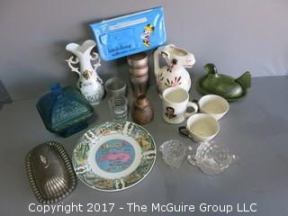 Assortment includes collector plate, carnival glass compote, butter dish, Whitehall creamer and sugar