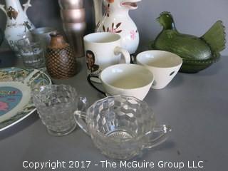 Assortment includes collector plate, carnival glass compote, butter dish, Whitehall creamer and sugar