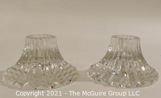 Pair (2) Baccarat Cut Crystal Candle Sticks or Holders with Deep Bevel Cuts in Massena Pattern. They measure approximately 1 1/2" tall & 3" in diameter.