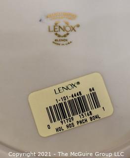 Lenox Porcelain Holiday Hostess Collection Punch Bowl with Gold Trim.   Measures approximately 12 1/2" in diameter and 6" tall.