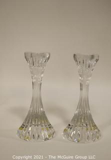 Set of (2) Baccarat Cut Crystal Candle Sticks with Deep Bevel Cuts in Massena Pattern. They measure approximately 5" tall.