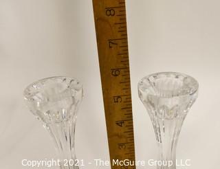 Set of (2) Baccarat Cut Crystal Candle Sticks with Deep Bevel Cuts in Massena Pattern. They measure approximately 5" tall.