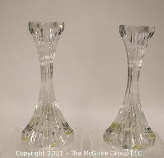 Set of (2) Baccarat Cut Crystal Candle Sticks with Deep Bevel Cuts in Massena Pattern. They measure approximately 5" tall.