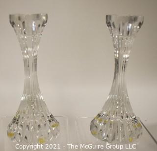 Set of (2) Baccarat Cut Crystal Candle Sticks with Deep Bevel Cuts in Massena Pattern. They measure approximately 5" tall.