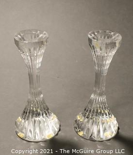 Set of (2) Baccarat Cut Crystal Candle Sticks with Deep Bevel Cuts in Massena Pattern. They measure approximately 5" tall.