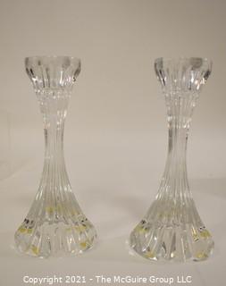 Set of (2) Baccarat Cut Crystal Candle Sticks with Deep Bevel Cuts in Massena Pattern. They measure approximately 5" tall.