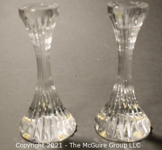 Set of (2) Baccarat Cut Crystal Candle Sticks with Deep Bevel Cuts in Massena Pattern. They measure approximately 5" tall.