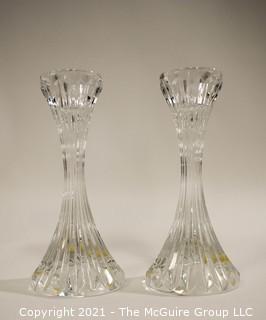 Set of (2) Baccarat Cut Crystal Candle Sticks with Deep Bevel Cuts in Massena Pattern. They measure approximately 5" tall.