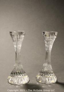 Set of (2) Baccarat Cut Crystal Candle Sticks with Deep Bevel Cuts in Massena Pattern. They measure approximately 5" tall.