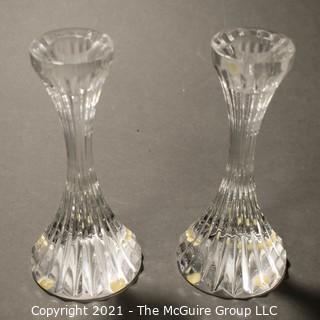 Set of (2) Baccarat Cut Crystal Candle Sticks with Deep Bevel Cuts in Massena Pattern. They measure approximately 5" tall.