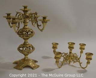 Two Ornation Brass Candlesticks with 4 and 5 Lights. 