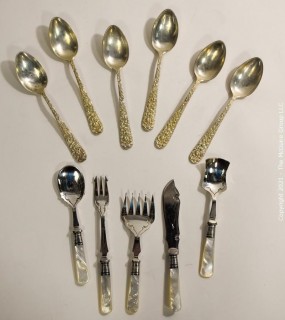 Six (6) Sterling Silver Spoons by Steiff and Silverplated with Lucite Handle Serving Forks.