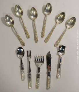 Six (6) Sterling Silver Spoons by Steiff and Silverplated with Lucite Handle Serving Forks.