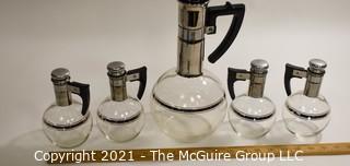 Mid Century Modern MCM Silver and Glass  Inland Coffee or Wine Carafes with 4 Individual Carafes set ,