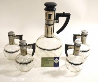 Mid Century Modern MCM Silver and Glass  Inland Coffee or Wine Carafes with 4 Individual Carafes set ,