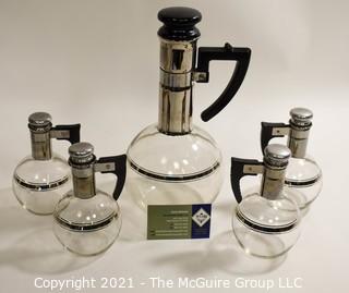 Mid Century Modern MCM Silver and Glass  Inland Coffee or Wine Carafes with 4 Individual Carafes set ,