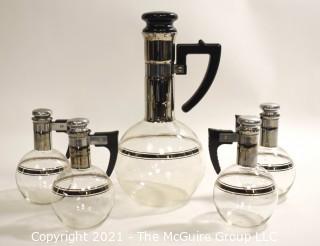 Mid Century Modern MCM Silver and Glass  Inland Coffee or Wine Carafes with 4 Individual Carafes set ,