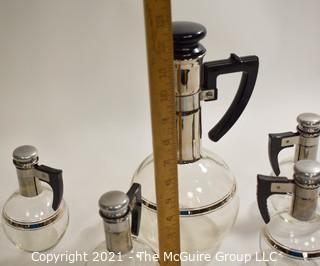 Mid Century Modern MCM Silver and Glass  Inland Coffee or Wine Carafes with 4 Individual Carafes set ,