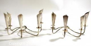 Pair (2) Silver Plated Denmark Calla Lilly Candlesticks Candleabra with Five Lights Marked with EL Crown.  Measures approximately 10" wide and 7" tall.