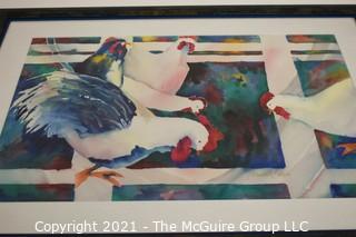 Framed Under Glass Watercolor of Roosters Signed by Artist Jeannette Baker.  Measures approximately 28" x 21".