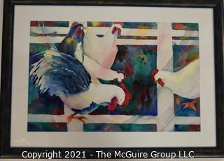 Framed Under Glass Watercolor of Roosters Signed by Artist Jeannette Baker.  Measures approximately 28" x 21".