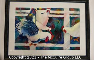 Framed Under Glass Watercolor of Roosters Signed by Artist Jeannette Baker.  Measures approximately 28" x 21".