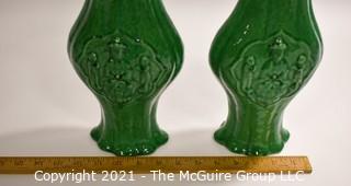 Two Asian Stone Ware Pottery Green Glaze Vases with Risers (Not Shown).  They measure approximately 12" tall. 