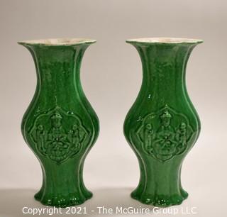 Two Asian Stone Ware Pottery Green Glaze Vases with Risers (Not Shown).  They measure approximately 12" tall. 